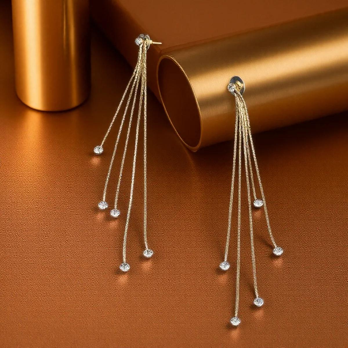 

Kismis Long Chain Tassel Earrings Rhinestone Hanging Drop Dangle Ear Line for Women Chain 1Pair золотой