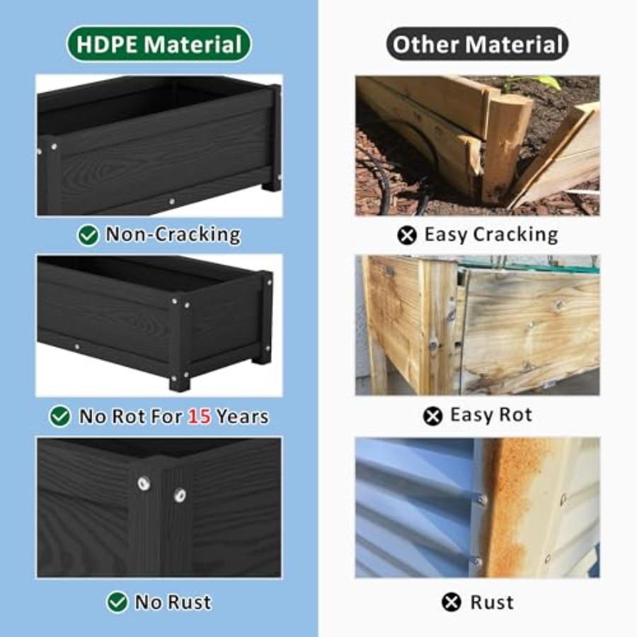 HDPE Raised Planter Box Outdoor Rot-Resistant and Non-Cracking Rectangle Planter 29.5 x 14.4 x 9.8 in Black with Drainage Holes