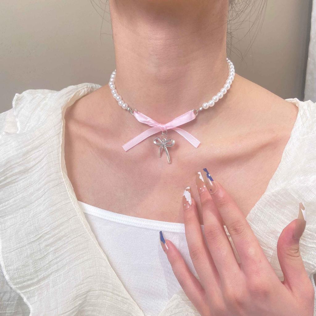 Hot Selling Accessories, Stylish Versatile Pearl Love Pink Bow Collarbone Chain Necklace