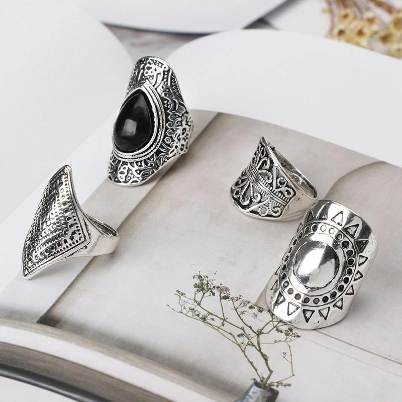Zigeuner Ethnischer Stil Vintage Goth Silberfarbe 4 Stück/Set Blätter Dreieck Edelstein Kristall Midi Knöchelringe Für Frauen