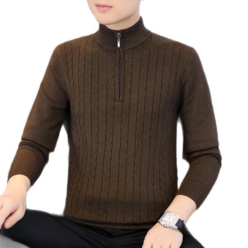 Men's Korean Style Slim Fit Stand Collar Half-Zip Cable Knit Sweater