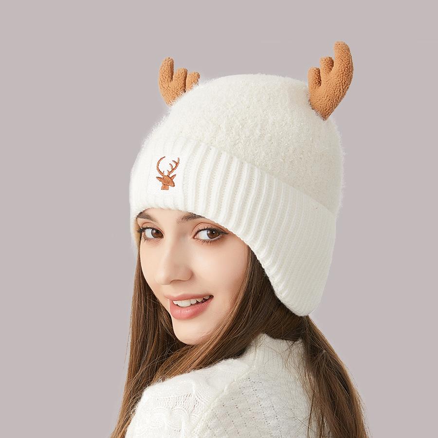 Knitted Hat Women's Stitching Antler Ear Protection Thick Warm Hat Women's Winter Wool Hat