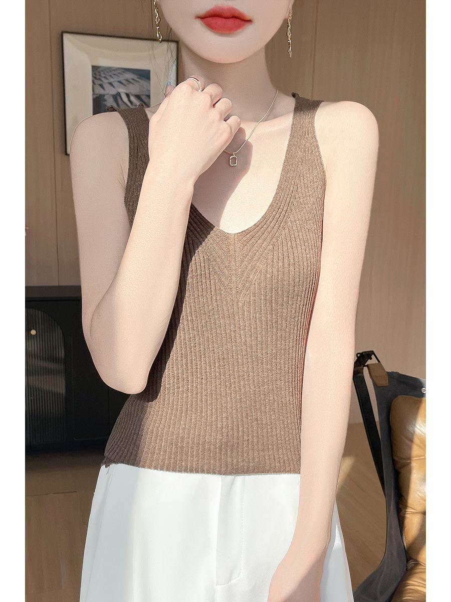 

Камизоль с V-образным вырезом, вязаный из шерсти в рубчик - Безрукавное весенне-осеннее нижнее белье L света кофе