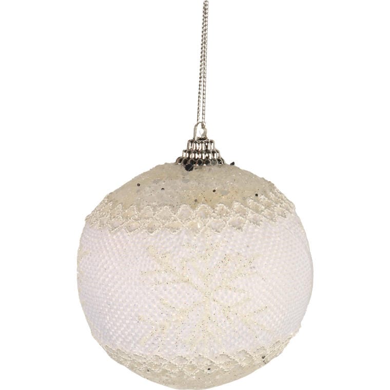 White and Cream Styrofoam Bauble with Glitter - Lace Pattern