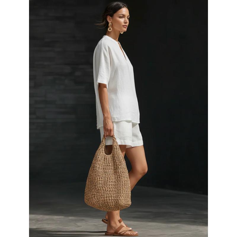Spring and Summer European and American Women's Clothing Solid Color V-neck Linen Cotton Casual Top and Shorts Set Two-piece Set