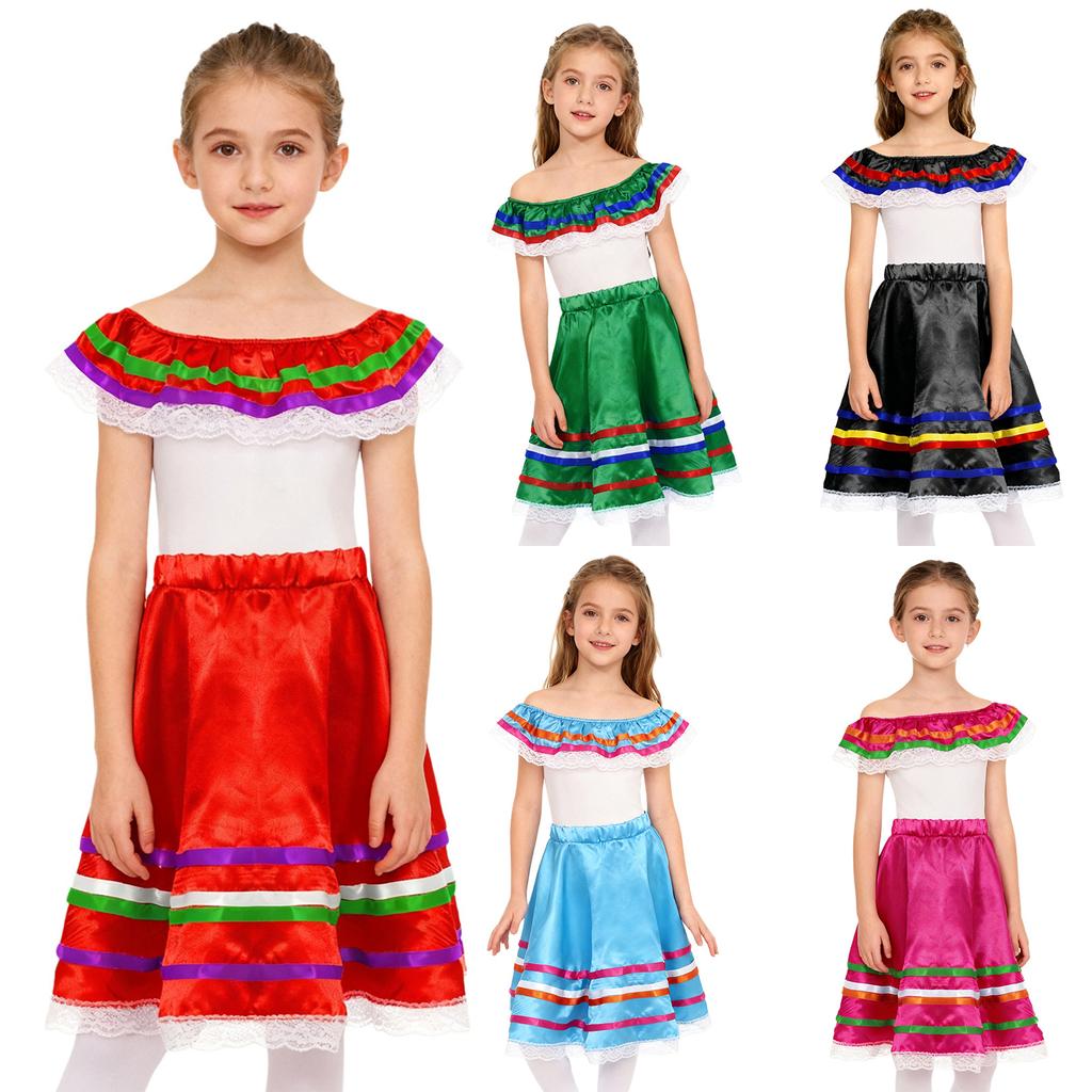 Mädchen 2-teiliges mexikanisches Outfit Off-Shoulder Rüschenoberteil mit elastischem Bund Spitze Bandbesatz Rock für Karneval Mottoparty