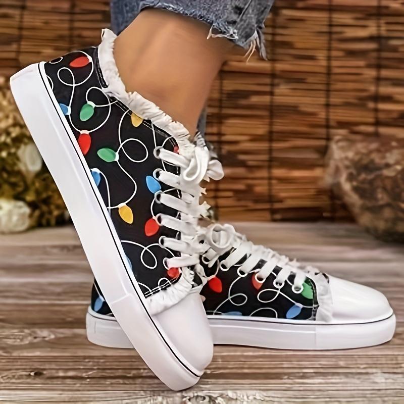Women's Colorful Print Lace-Up Sneakers - Lightweight, Comfortable Casual Sneakers with Non-Slip TPR Sole