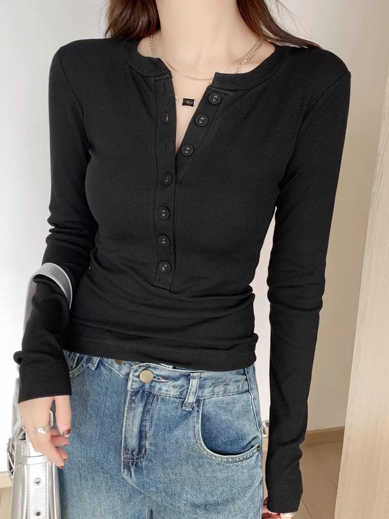 Skinny Spice Girl Single-breasted Long Sleeve T-Shirt Women's Spring Front Shoulder Skinny Top with White Bottom Shirt
