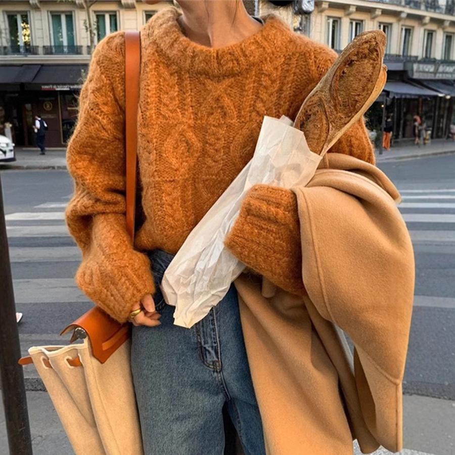 Chunky Knit Chunky Yarn Twisted Sweater Women's Outerwear Autumn Winter New Style Retro Lazy Style Loose Crew Neck Knit Top