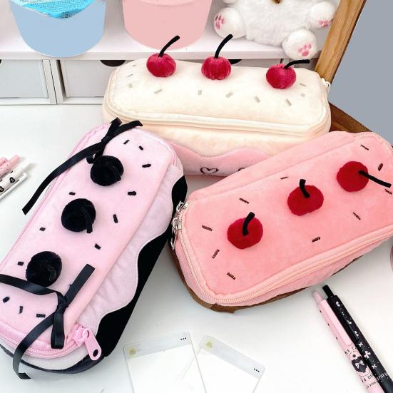 Cherry Cake Plush Pencil Pouch Large Capacity Stationery Case Cute Pen Holder for School Supplies Makeup Brushes