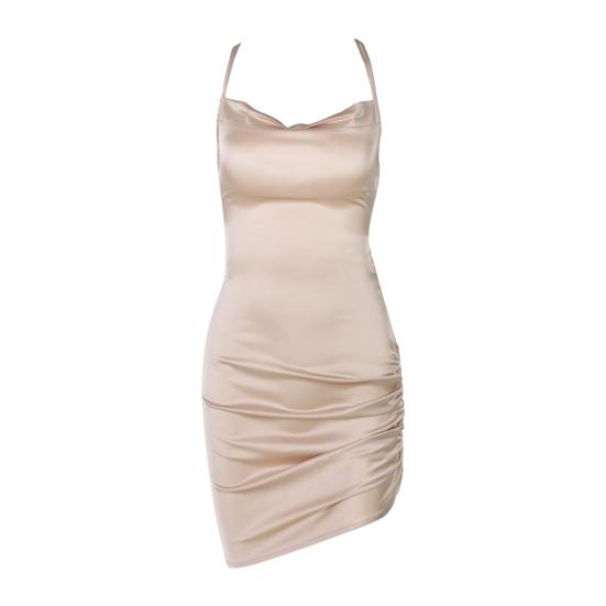 Vestito a Sottoveste con Spalline Sottili Schiena Scoperta Donna Monocolore Arricciato Bodycon Mini Abito in Raso per l'Estate