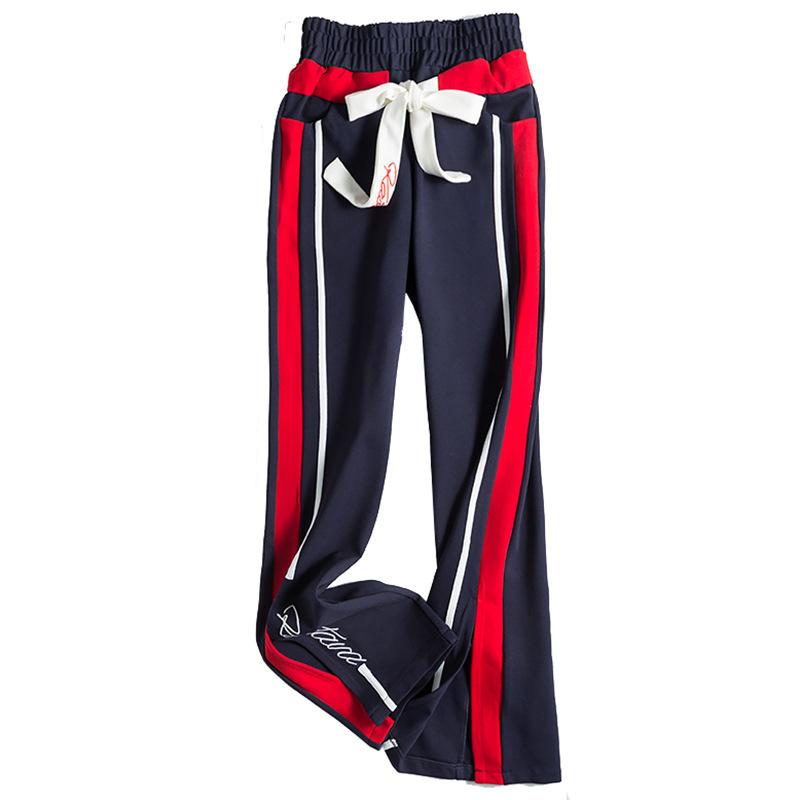 Design Sense Contrasting Color Straight Wide-leg Pants Women's New High-waisted and Thin Spring, Autumn and Winter Split-ended Sports Casual Pants