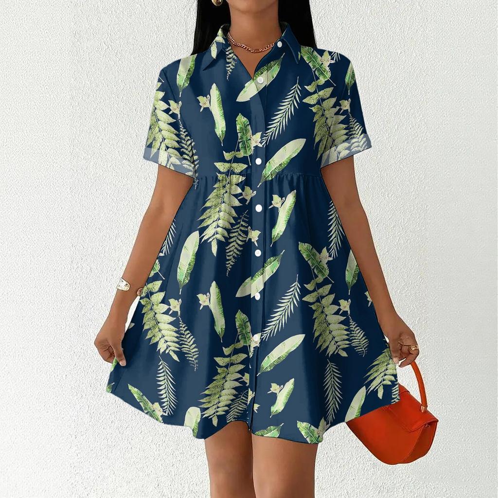 Women Casual Loose Fit Dress Button Front Shirt Dress Short Sleeve Collared Dress Summer Daily Wear