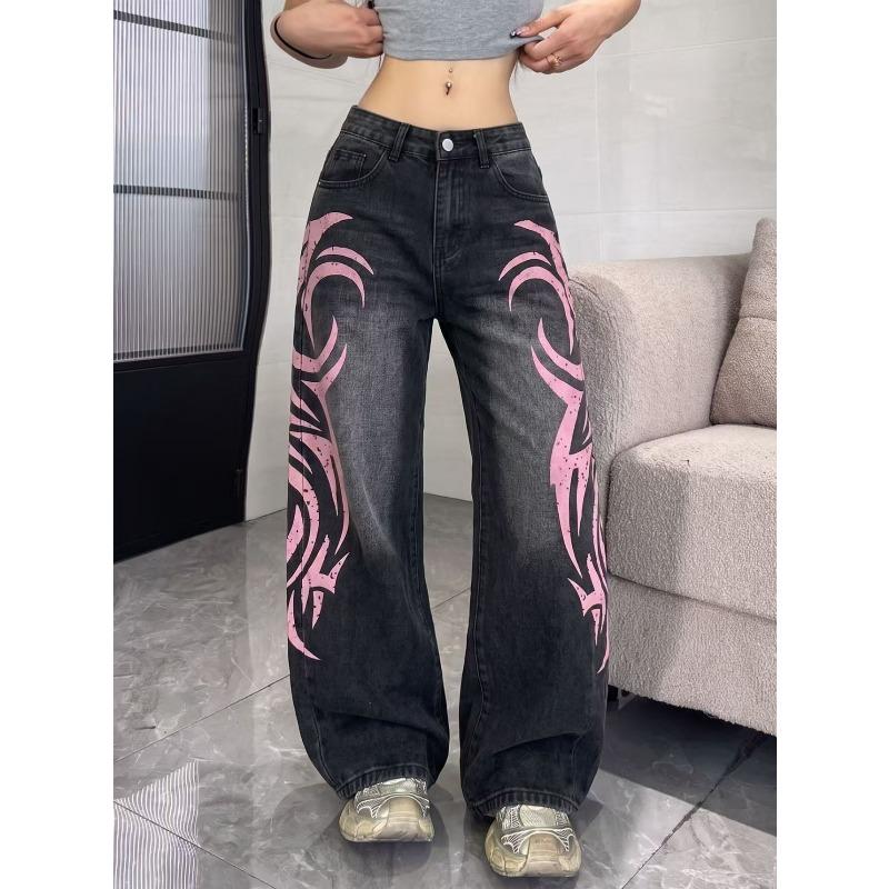 VIONA Y2K American Vintage Mottled Totem Print Baggy Jeans Women's High Waist Wide Leg Jeans Men Clothing Harajuku Trendy Hip Hop Pant