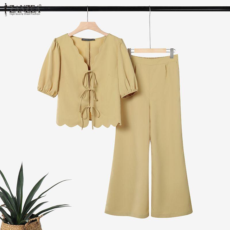 ZANZEA Damen Kurzarmbluse und Lange Hosen Sommer Zweiteilige Anzug Sets