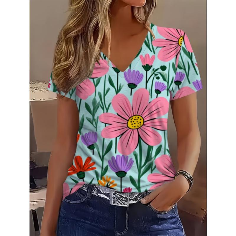 Women S V-Neck Short Sleeve T-Shirt with Vibrant Maximalist Floral Print S