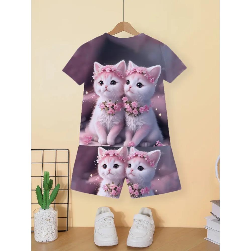 Children's Cat T-Shirt Shorts Set Summer Casual Girl Clothes Short Sleeve Kids Sets for Children Tops Outdoor Sport Girl Outfits