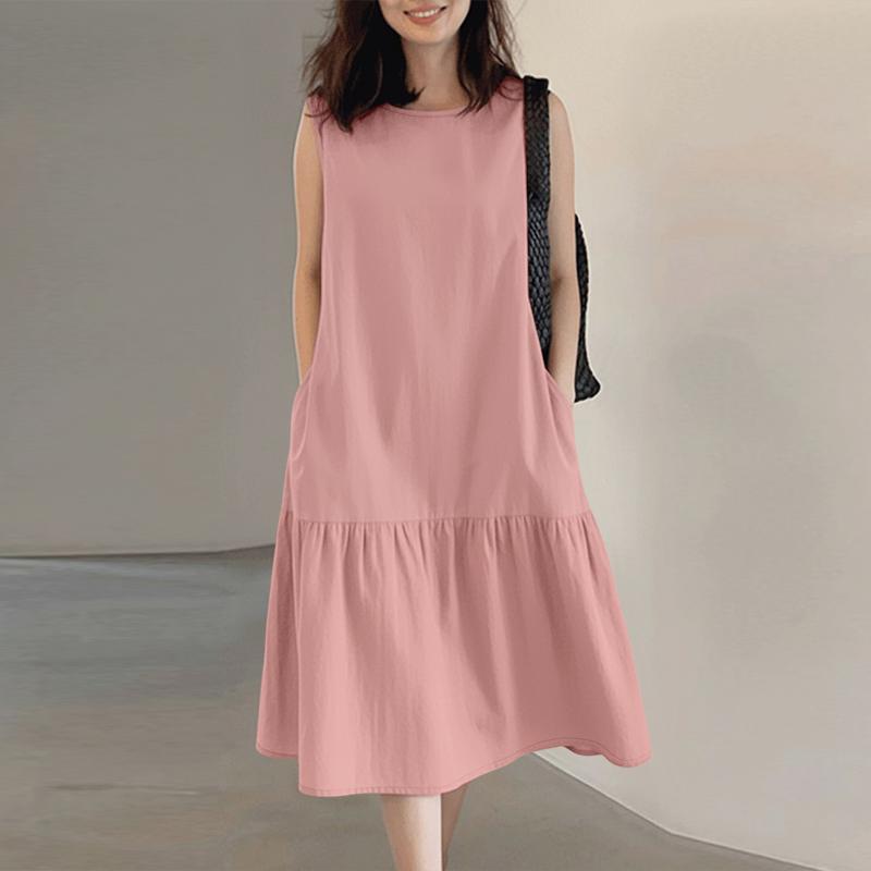 ZANZEA Women Casual Round Neck Solid Color Loose Sleeveless Dress S розовый
