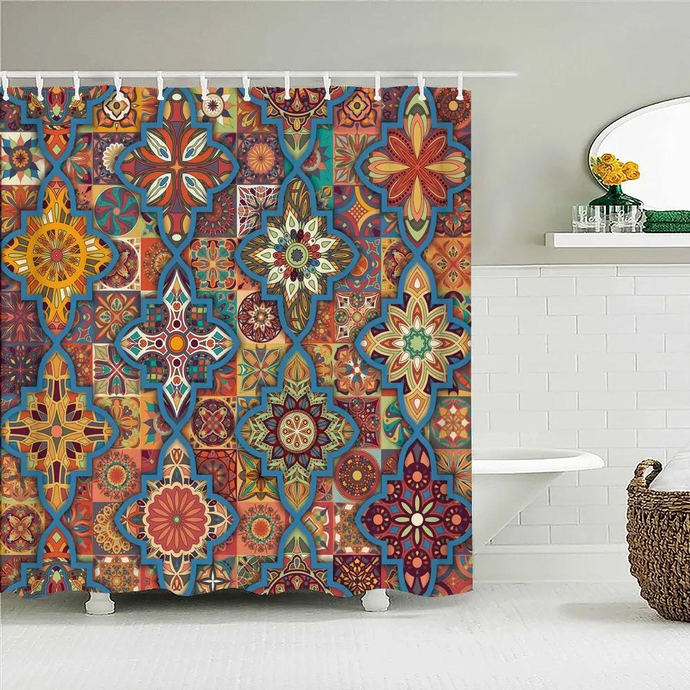 Bohemian 3D Shower Curtain, Indian Mandala Flower Green Blue Chic Color Modern Pattern Bathroom Fabric Home Decor Shower Curtain