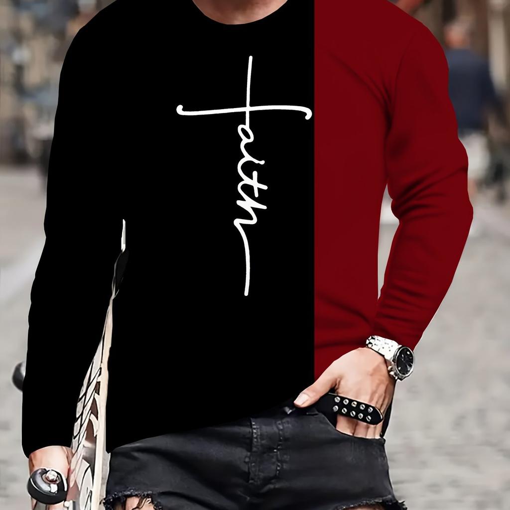 Men Chic Graffiti Print Crew Neck Long Sleeve T-Shirt Letter Design Contrast Color Casual Outdoors Sports Wear Spring Fashion