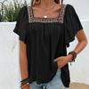 Summer Women Blouse Lace Embroidered Square Neck Backless Pullover Shirt Short Sleeve Lotus Leaf Holiday Spring S-XL