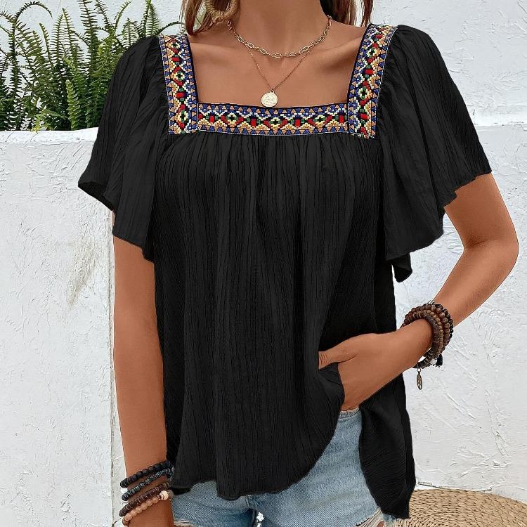Summer Women Blouse Lace Embroidered Square Neck Backless Pullover Shirt Short Sleeve Lotus Leaf Holiday Spring S-XL