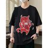 Europäische Größen Herren Lockeres Grafik-T-Shirt - Kräftiger Roter Teufel und Flammen-Print Street Style Kurzarm Rundhals Freizeit-Shirt