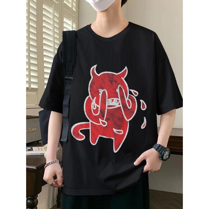 Europäische Größen Herren Lockeres Grafik-T-Shirt - Kräftiger Roter Teufel und Flammen-Print Street Style Kurzarm Rundhals Freizeit-Shirt