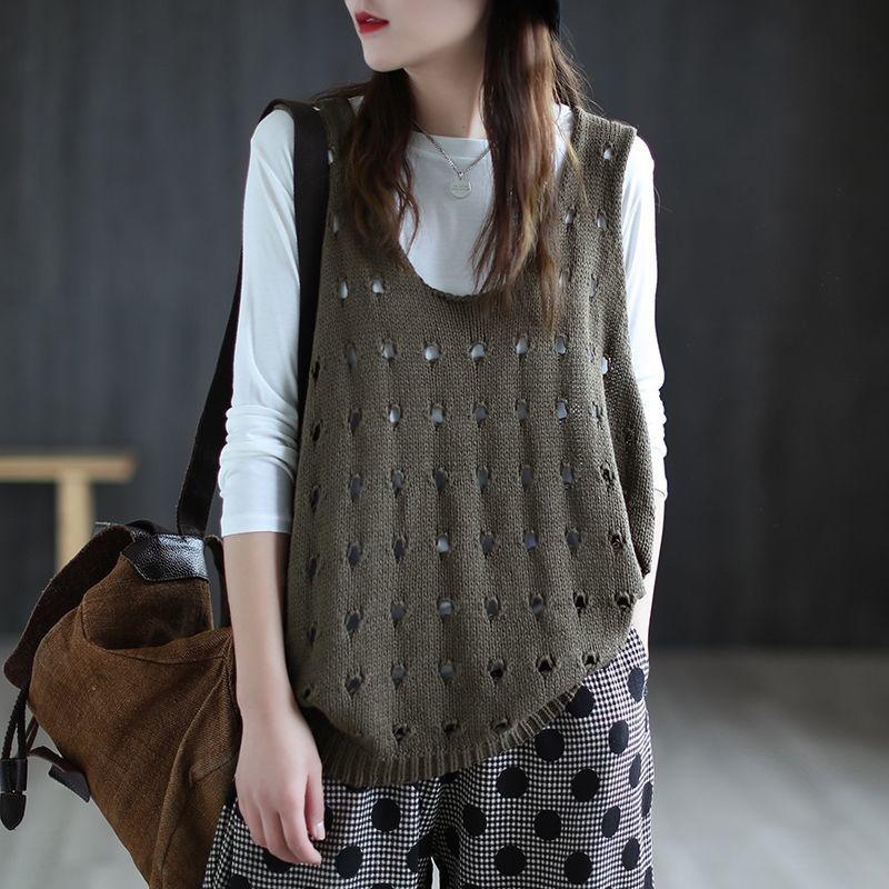Women's Plus-Size Hollow-Out Knitted Gilet Vest Loose Outer-Wear Casual Sleeveless Cardigan for Spring and Summer