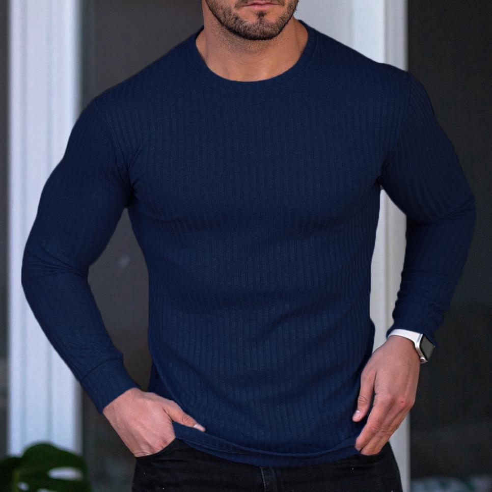 Men's Autumn Vertical Stripe Stand-up Collar Long-Sleeve T-Shirt