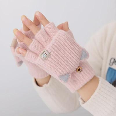 Luvas Femininas Sem Dedos Flip - Lã Quente Tricotada, Compatíveis com Tela Sensível ao Toque, Design de Inverno Fofo para Estudantes e Crianças