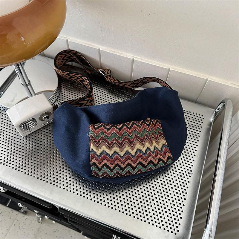 Fashion Ethnic Style Canvas Large Capacity Casual Bag 2024 New Korean Winter Striped Waist Bag Single Shoulder Diagonal Bag Blue