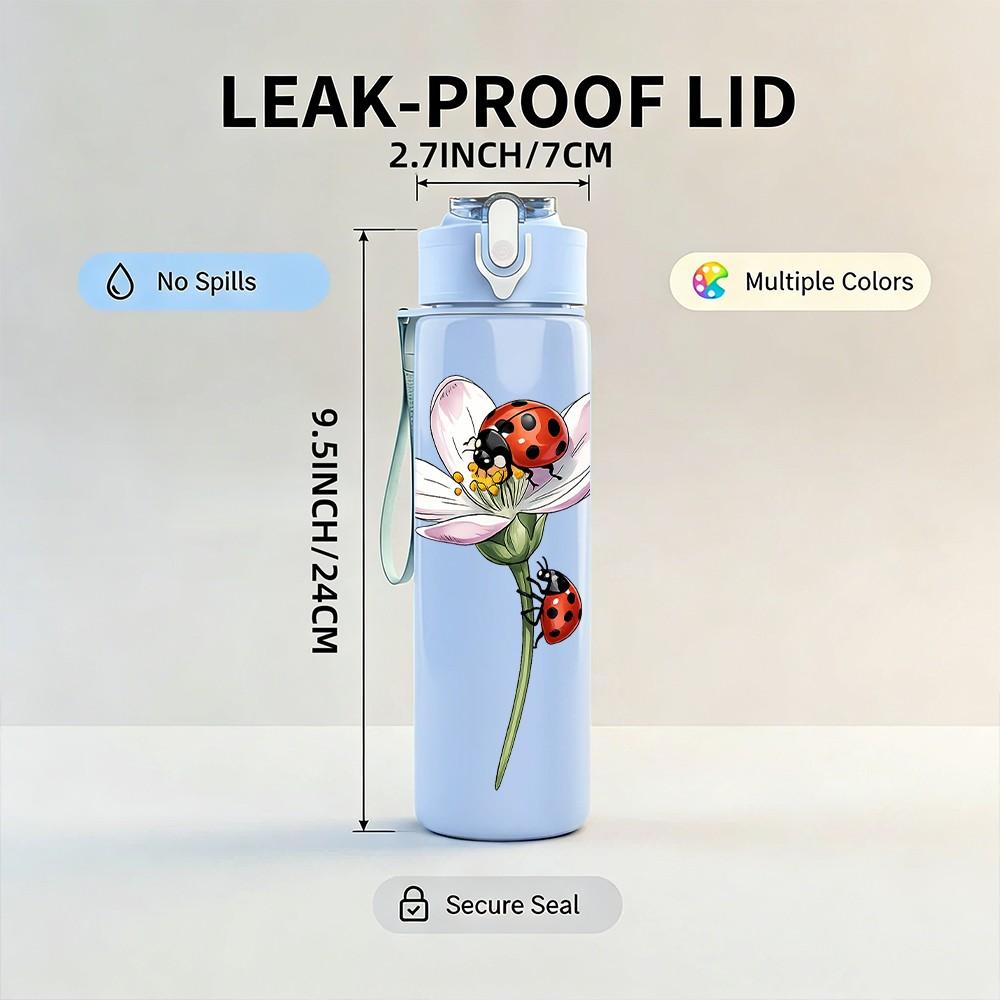 1PC Ladybug Flower Watercolor Print 750ml Color Plastic Sports Water Bottle Leakproof Flip Straw Lid Suitable for Sports Office Home Use
