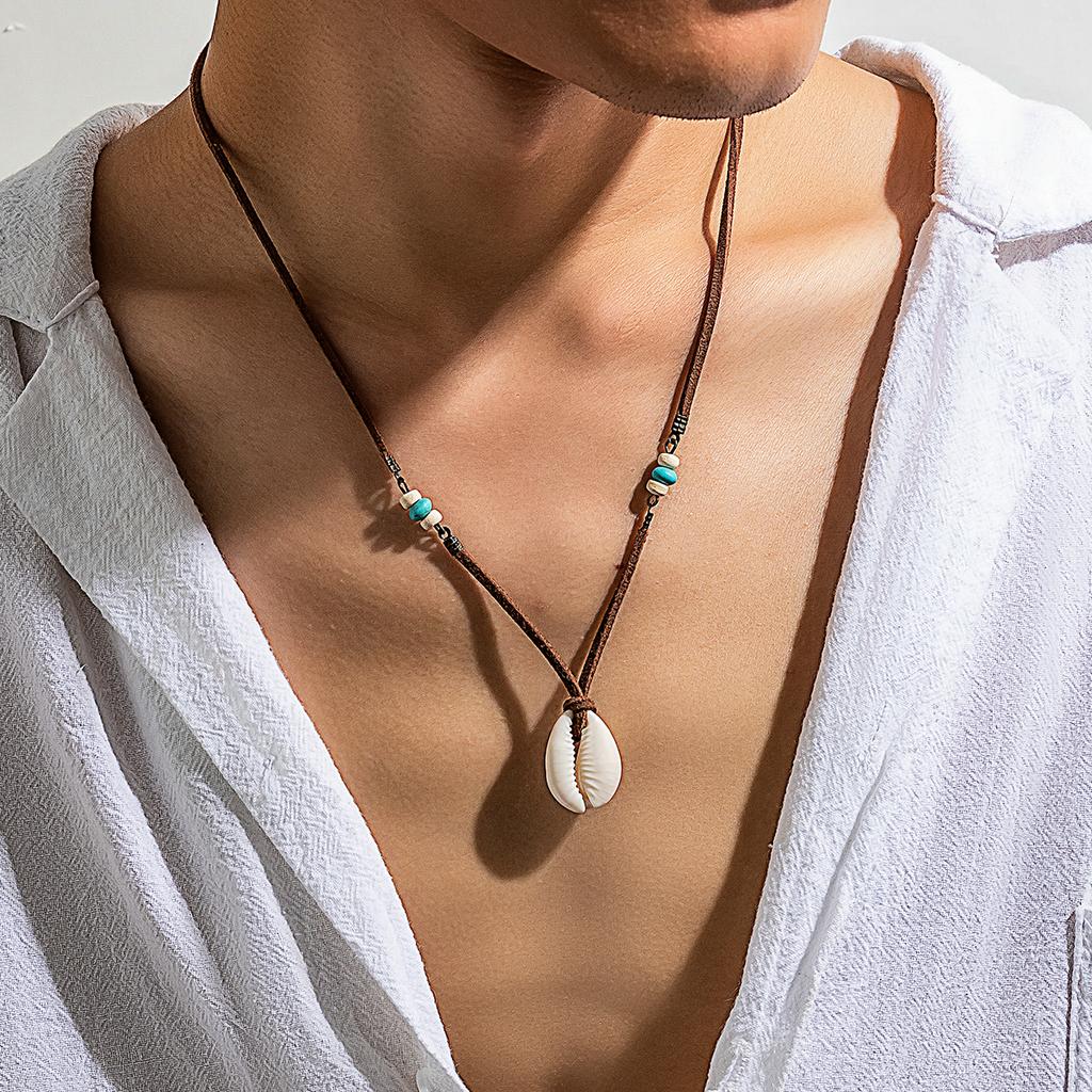 Salircon Bohemian Simulation Shell Pendant Choker Simple Brown Korean Velvet Clavicle Necklace Men's Casual Party Jewelry