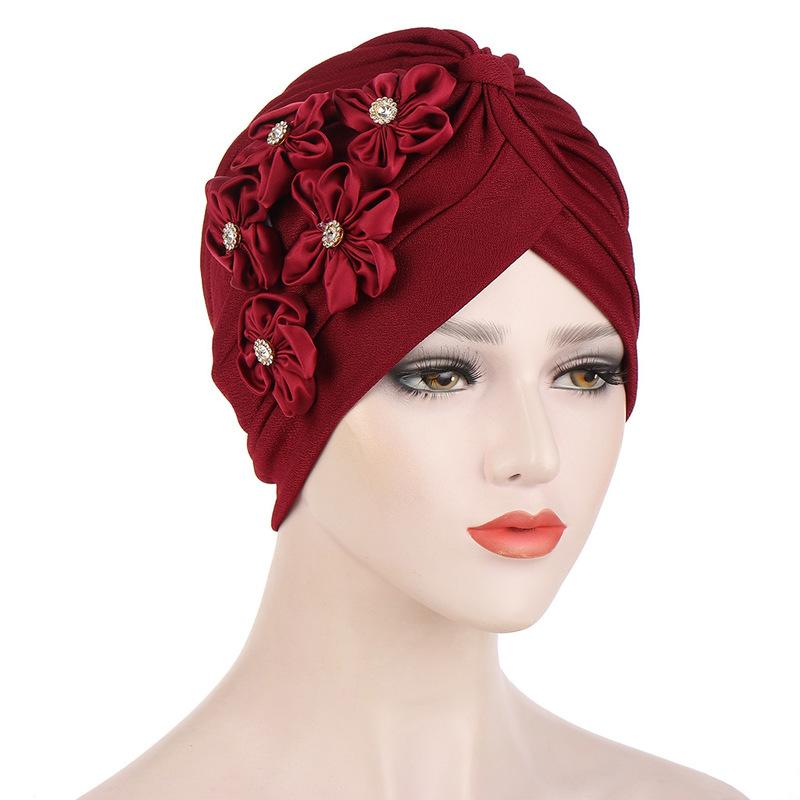 Women Flowers Ruffle Turban Caps Muslim Elastic Pearls Headscarf Bonnet Ladies Hair Accessories Indian Cap Turbante Mujer