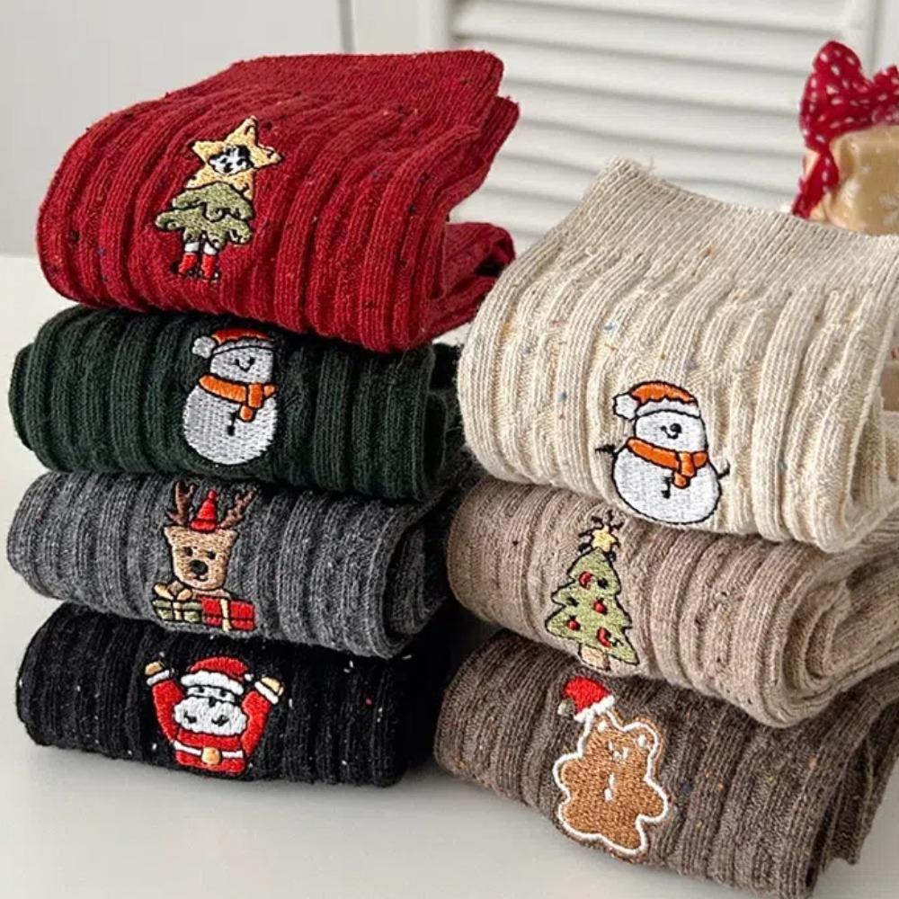 Chaussettes Mi-mollet Broderie Bonhomme de Neige Coton Chaussettes d'Hiver Nouvelles Chaussettes Tricotées