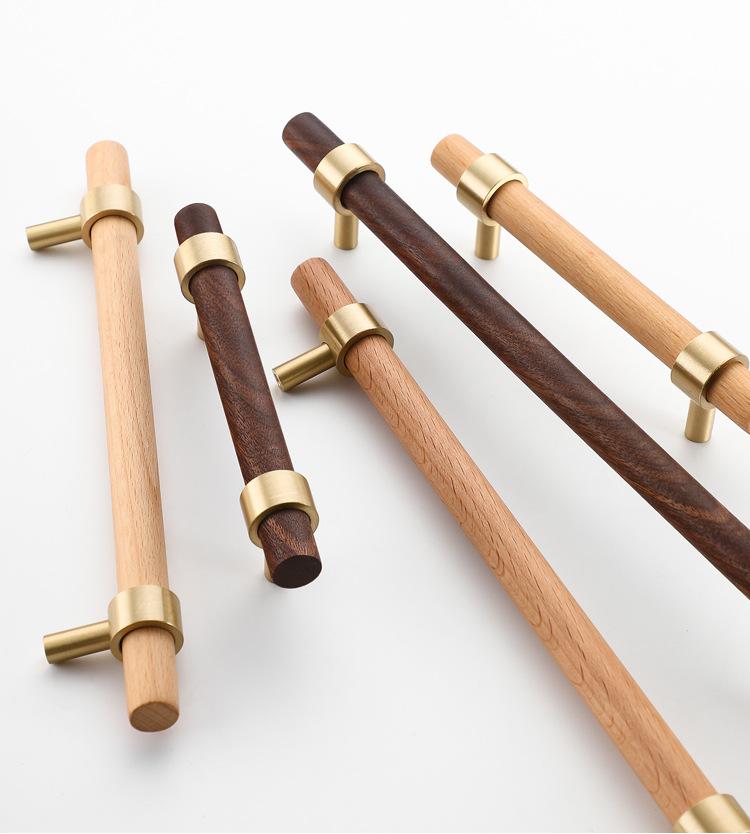 Nordic Gold Minimalist Beech Wood Cabinet Door Handle with Long Brass Pull Natural Wood Style for Wardrobe or Drawer