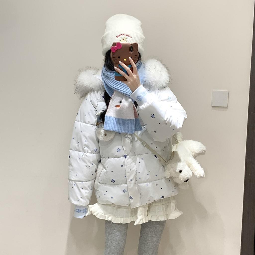 Women's big fur collar hooded cotton clothes, winter snowflake print cute wind loose short warm cotton-padded clothes