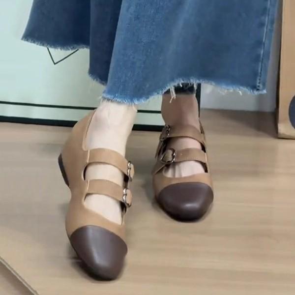 Sheepskin version~ Xiaoxiangfeng color matching small man inner height increase 5cm Mary Jane shoes French retro leather light mouth single shoes