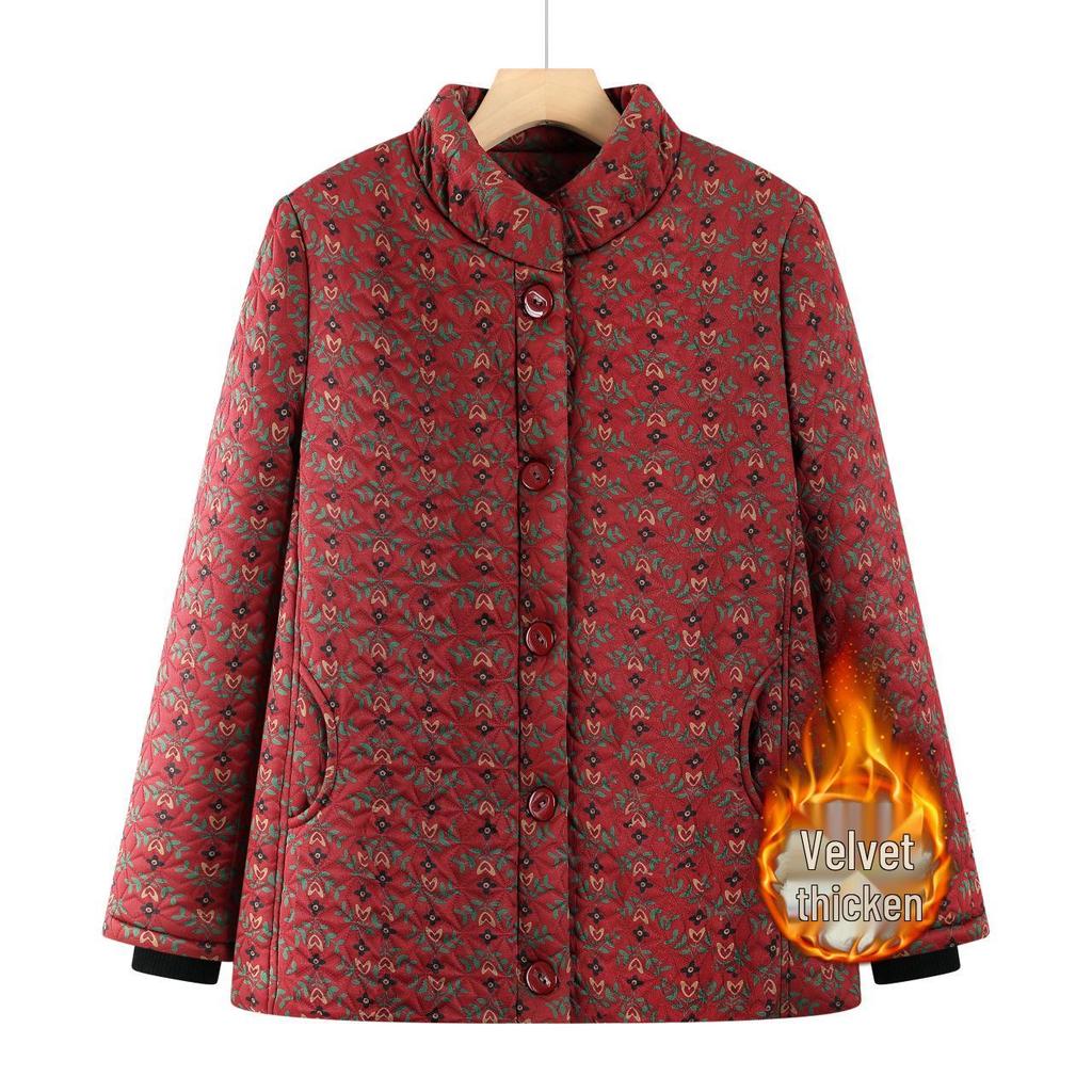 Floral Velvet-Lined Winter Coat for Elderly Women - Warm Cotton Jacket with Stand Collar
