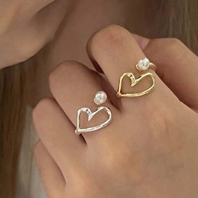 Hollow Heart Pearl Ring for Women Opening Adjustable Index Finger Rings Engagement Wedding Jewelry Female Accessories Gifts