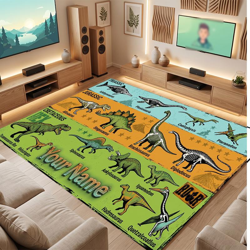 Dinosaur Theme Soft Crystal Velvet Rug Custom Name & Text Print Non Slip Floor Rug for Bedroom Living Room