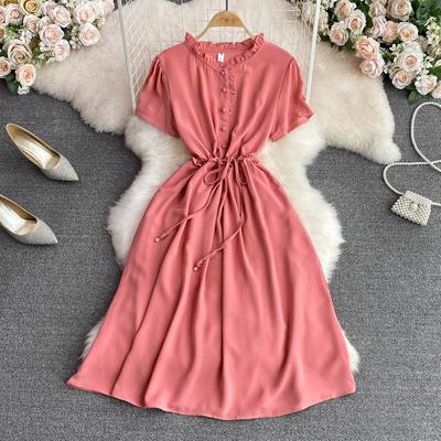 Women's Summer Sweet Short Sleeve Dress Midi Dresses Green Pink Black Blue Red