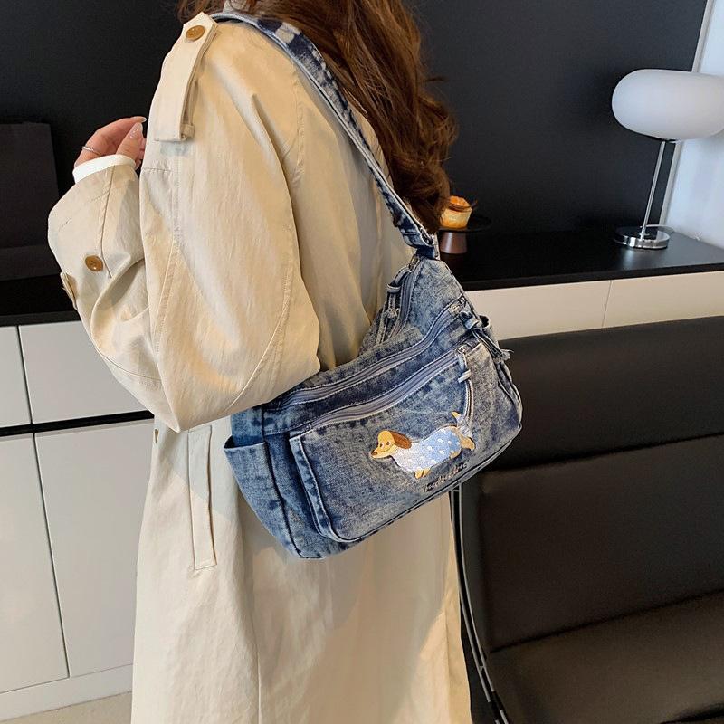 Denim Vintage Shoulder Bag Women Embroidered Cat Crossbody Bag