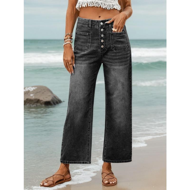 

Women s High Waisted Multi-Button Front Stretchy Wide Leg Jeans Washed Blue Loose Fit Ankle Length Casual Cropped Denim Trousers S чёрный