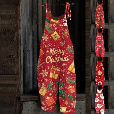 Women's Jumpsuit Christmas Print Casual Loose Vintage Shoulder Strap Cotton Linen