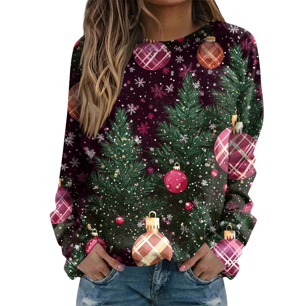 Women's Fashion Casual Long Sleeve Christmas Printed Neck Sweatshirt Top
