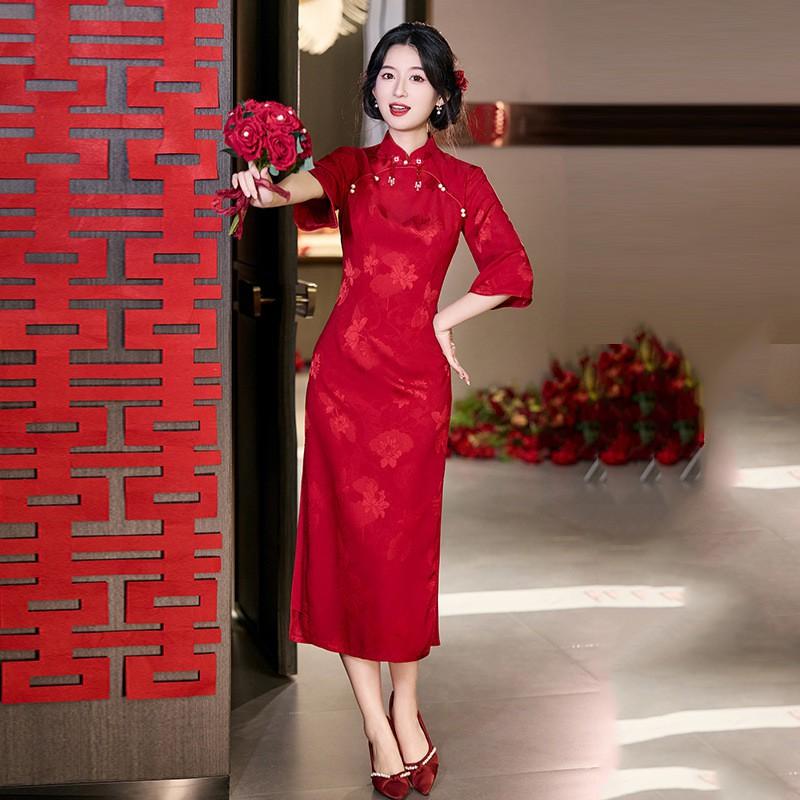 Elegant Red Modern Cheongsam Dress Women Long Sleeve Vintage Style Wedding Guest Gown Small