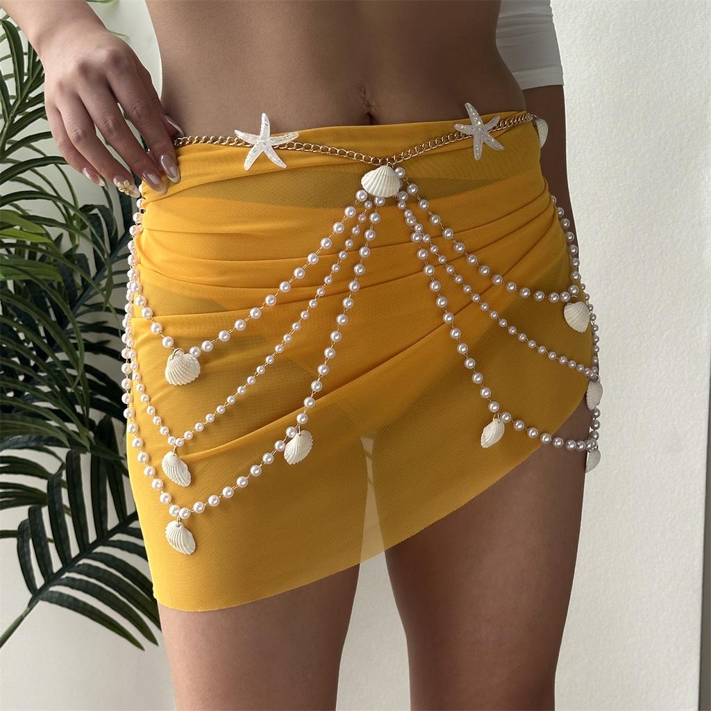 Summer Starfish Shell Layered Waist Chain for Women Gold Tone Adjustable Multi Strand Beach Body Chain Bohemian Jewelry