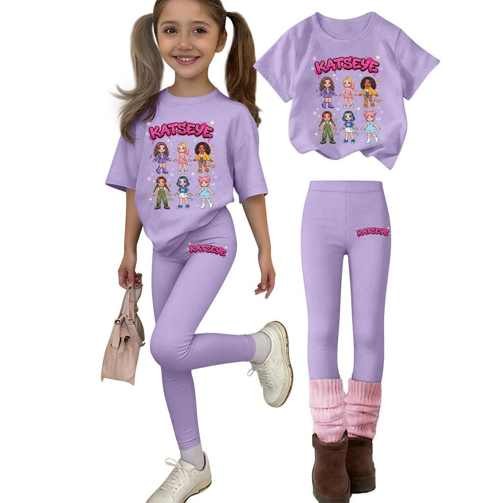 Kids Girls Printed T-Shirt and Pants Set, Casual Loose Fit, Round Neck, 2-Piece Outfit